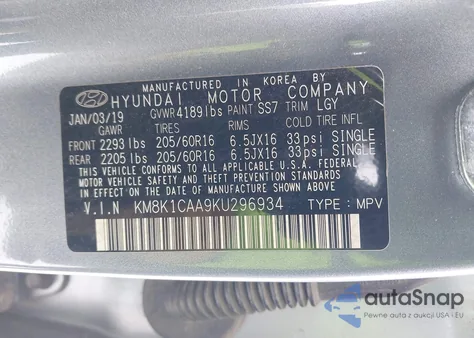 2019 Hyundai Kona Se z USA, uszkodzony, nr VIN KM8K1CAA9KU296934